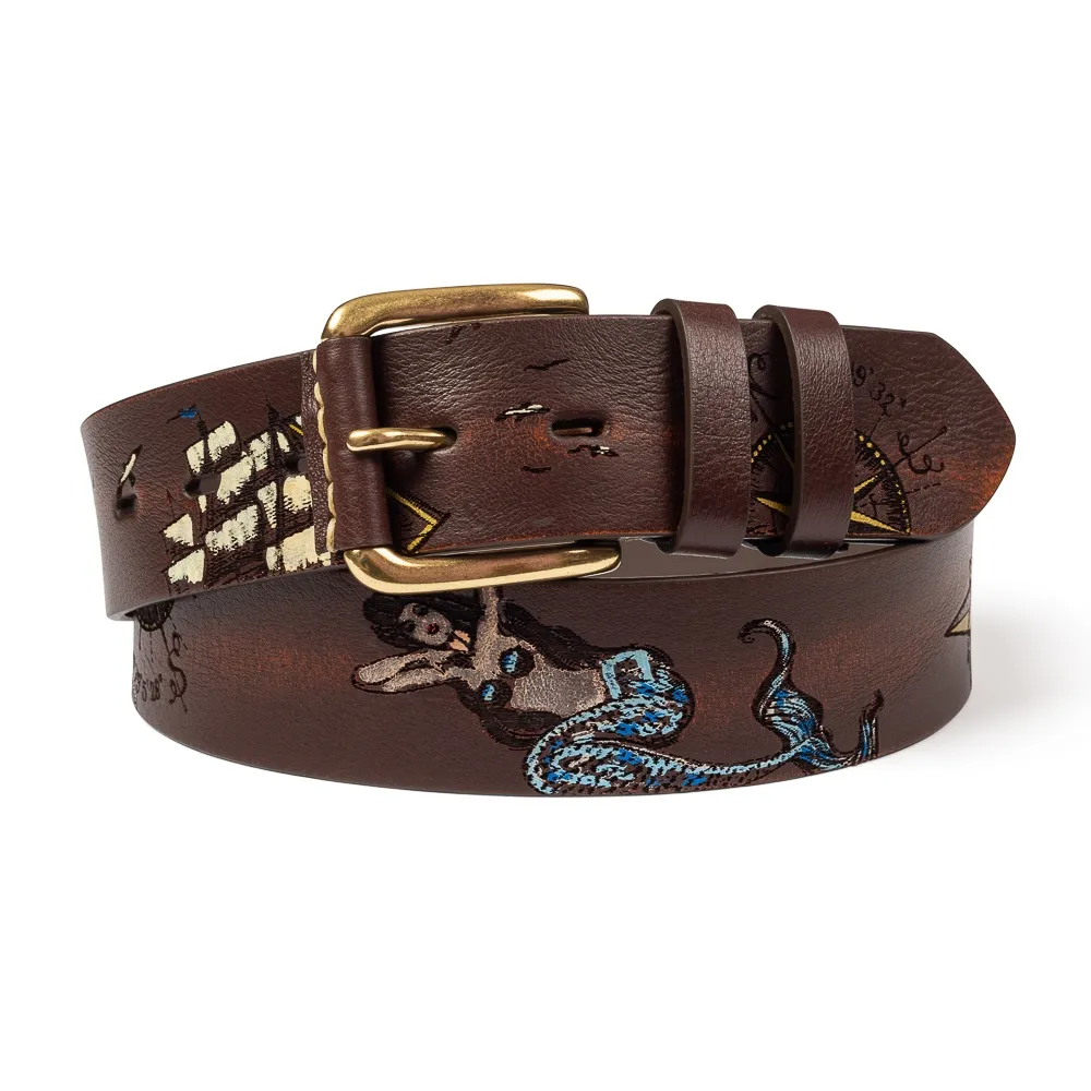 Pasek męski skórzany z wzorem Marine Tattoo brązowy 115