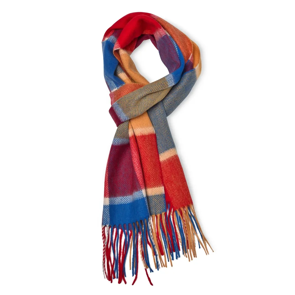 Elegancki kolorowy szal kaszmirowy w kratkę czerwień-żółty-niebieski