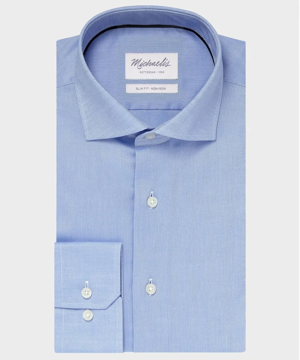 Elegancka niebieska koszula ze splotem oxford Michaelis z kołnierzem włoskim 40