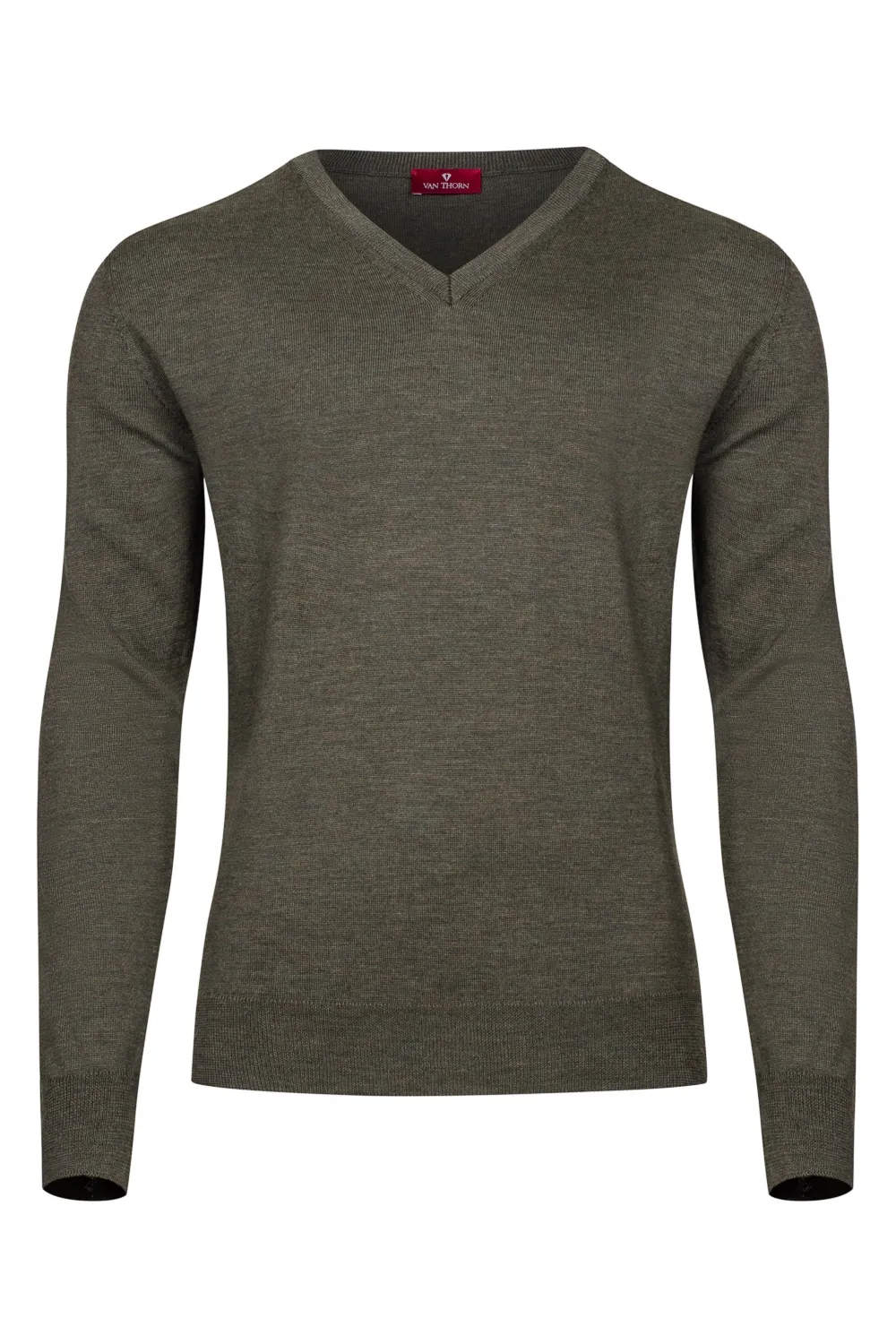 Oliwkowy sweter męski z wełny merino w serek  L