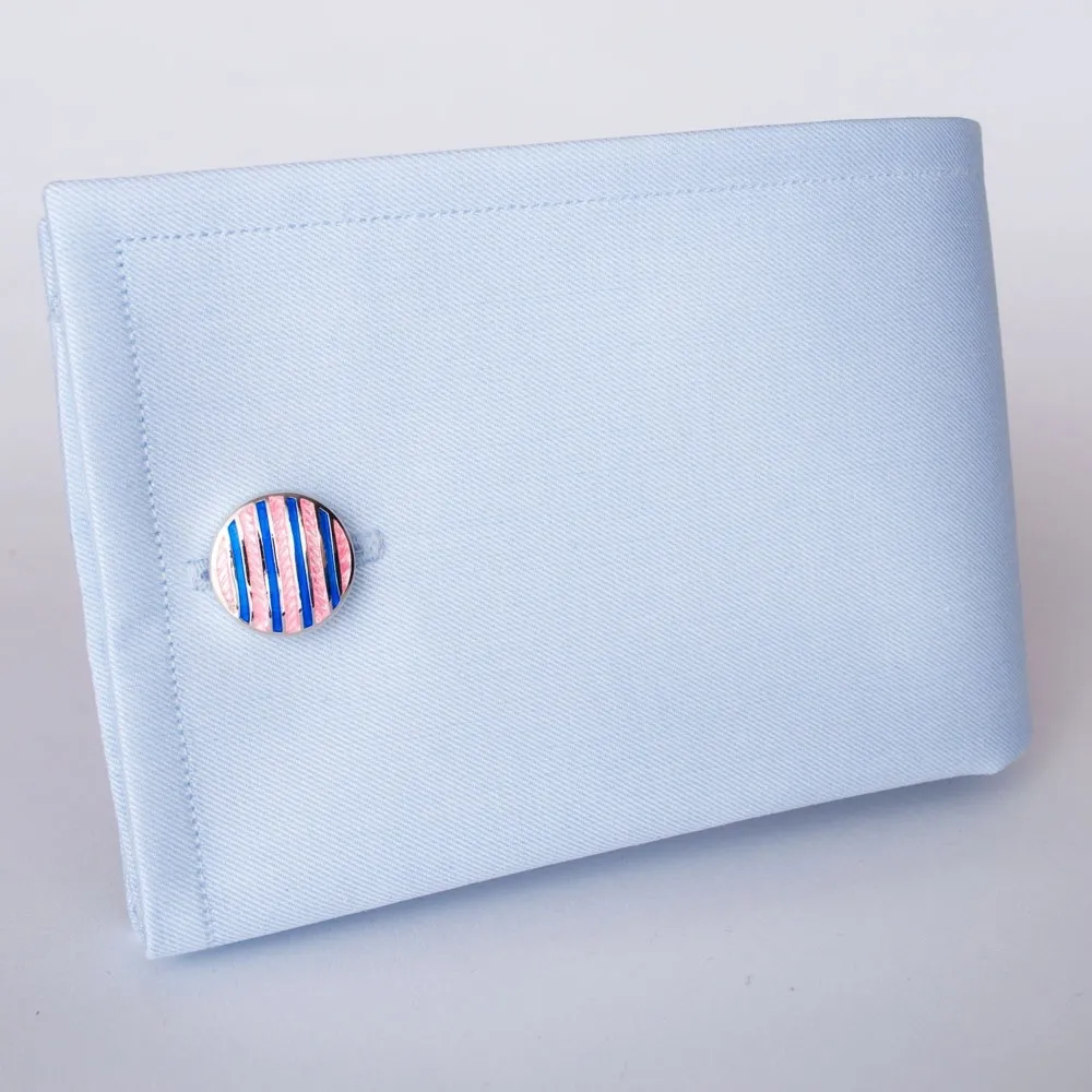 Eleganckie spinki do mankietów okrągłe w różowo niebieskie paski