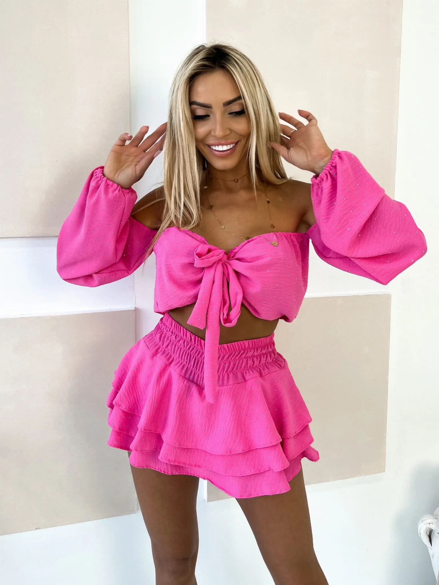 Komplet by Limonka z cyrkoniami szorty i bluzka różowy Dia KPW10