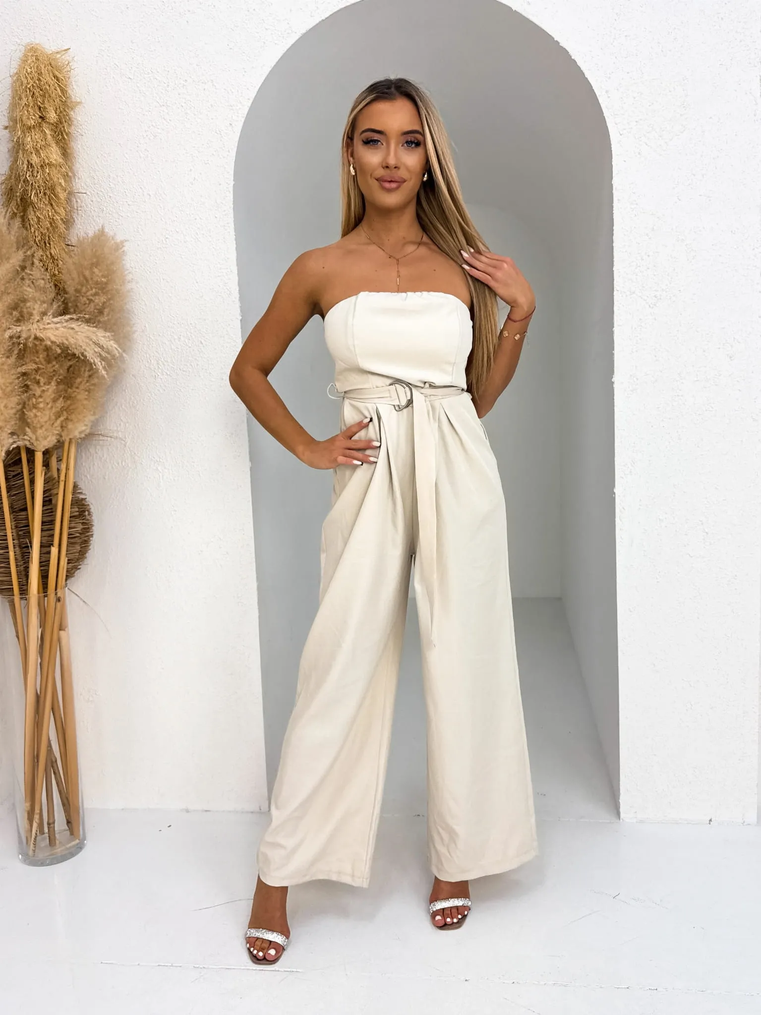 Kombinezon bardotka maxi beżowy Lolita W12