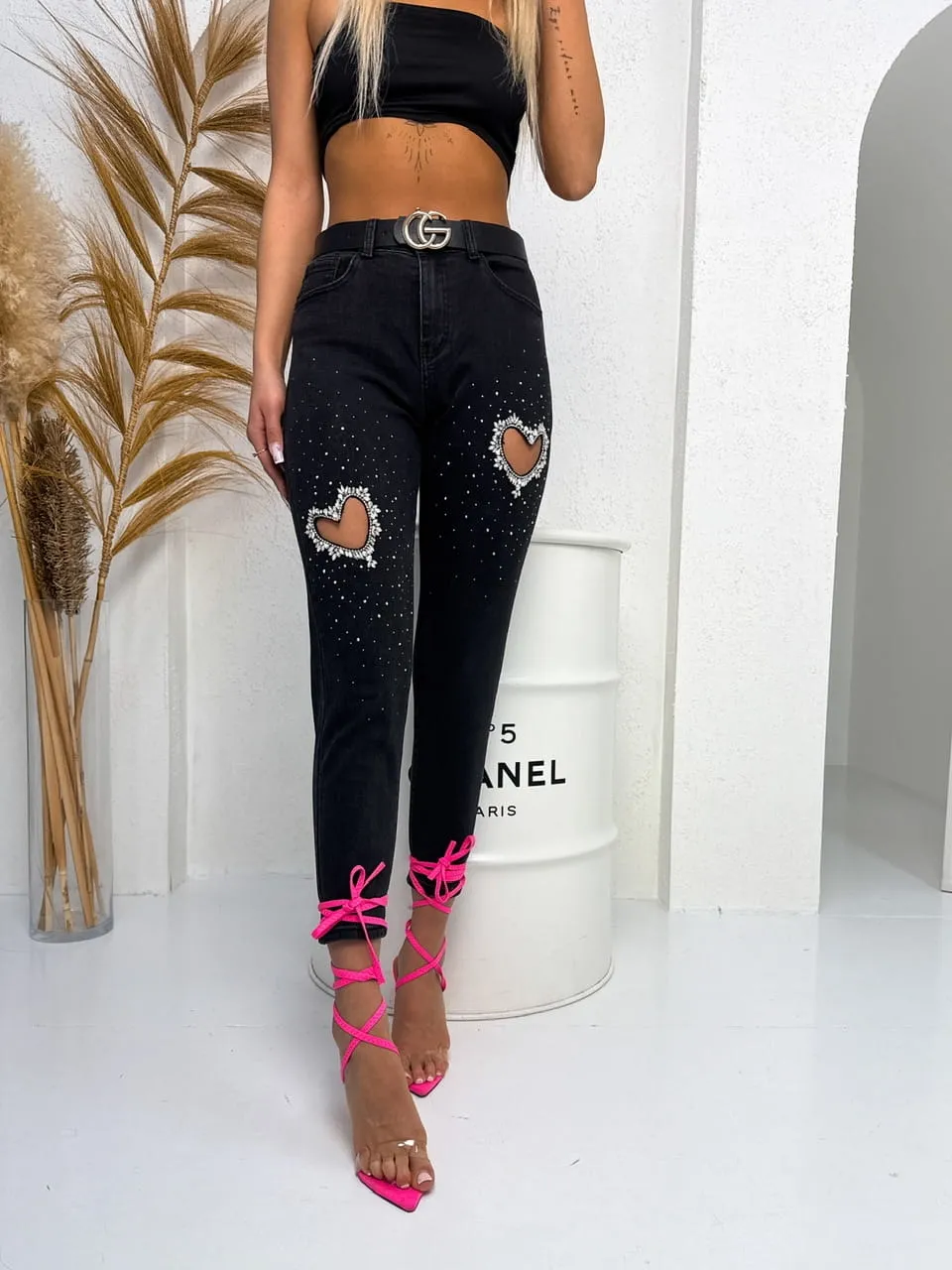 Spodnie jeansowe z cykoniami momjeans czarne 246 (Wariant rozmiar + kolor: XL; Kolor: czarny)