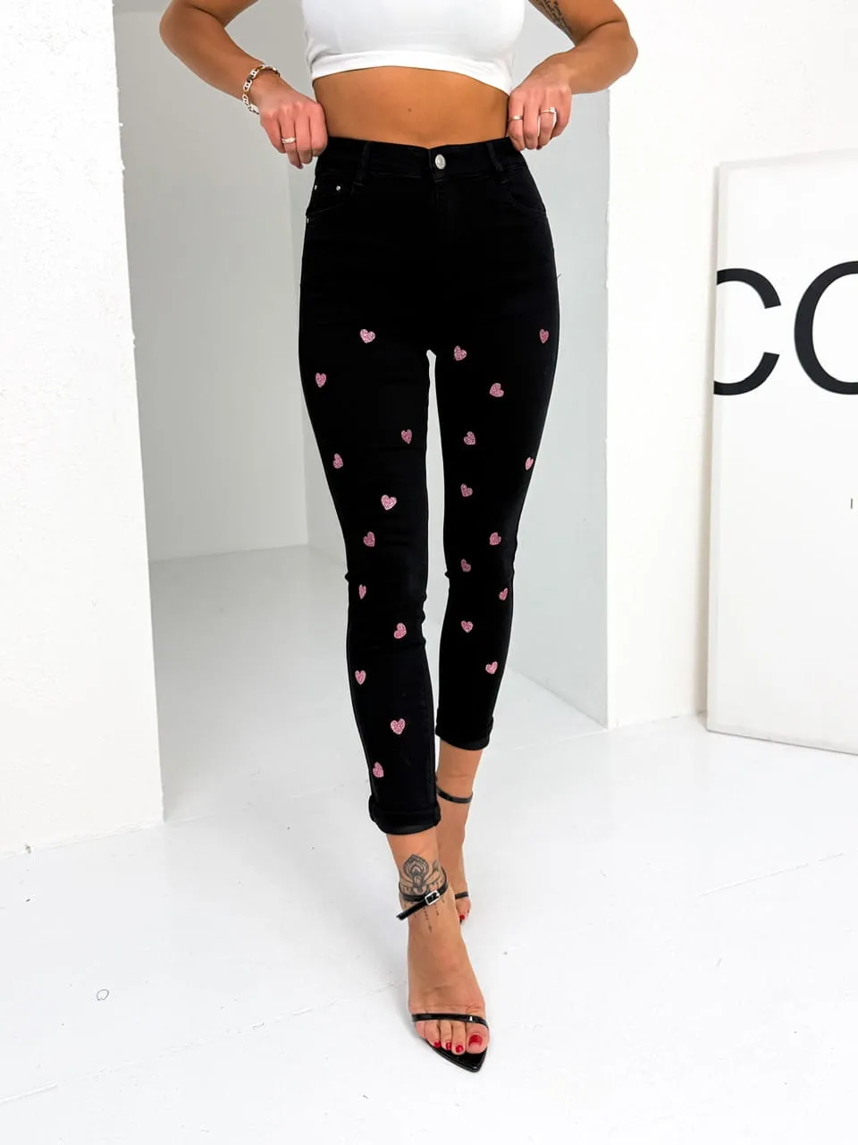 Spodnie z serduszkami brokatowymi czarne 23B (Wariant rozmiar + kolor: L; Kolor: czarny)