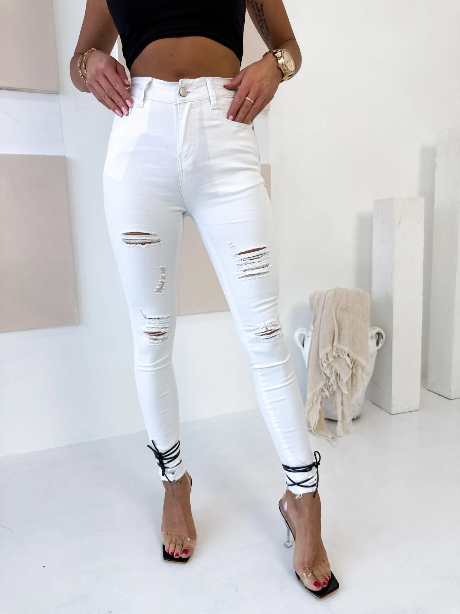 Spodnie z dziurami białe 191 (Wariant rozmiar + kolor: XL; Kolor: Biały)