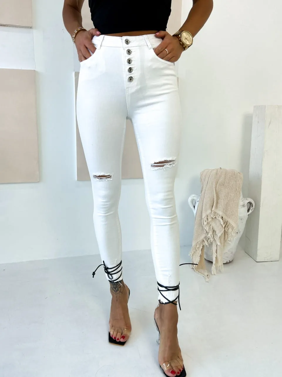 Spodnie z guzikami i dziurami białe 86 (Wariant rozmiar + kolor: L; Kolor: Biały)