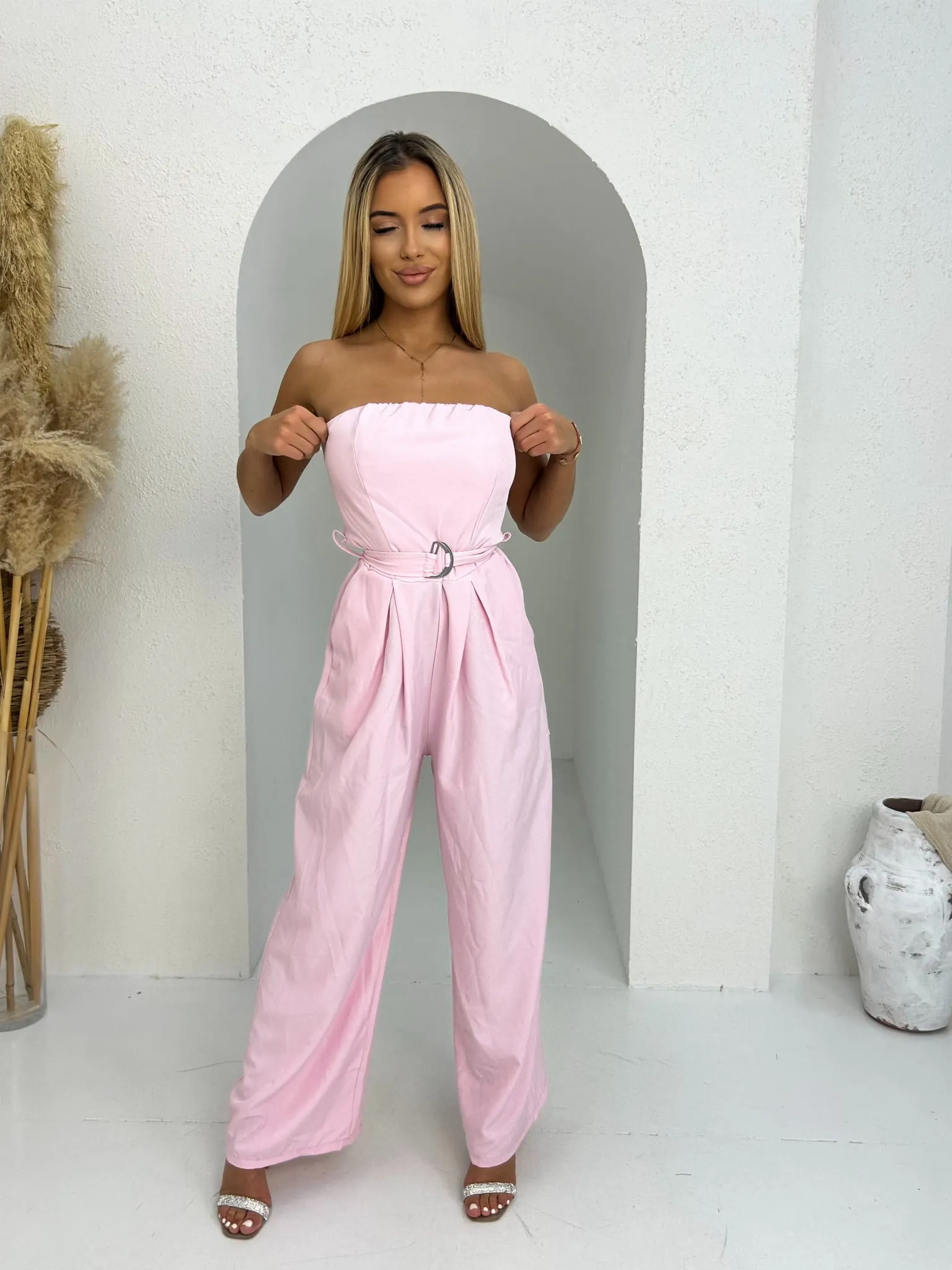 Kombinezon bardotka maxi pudrowy Lolita W12 (Wariant rozmiar + kolor: Uniwersalny; Kolor: Różowy)