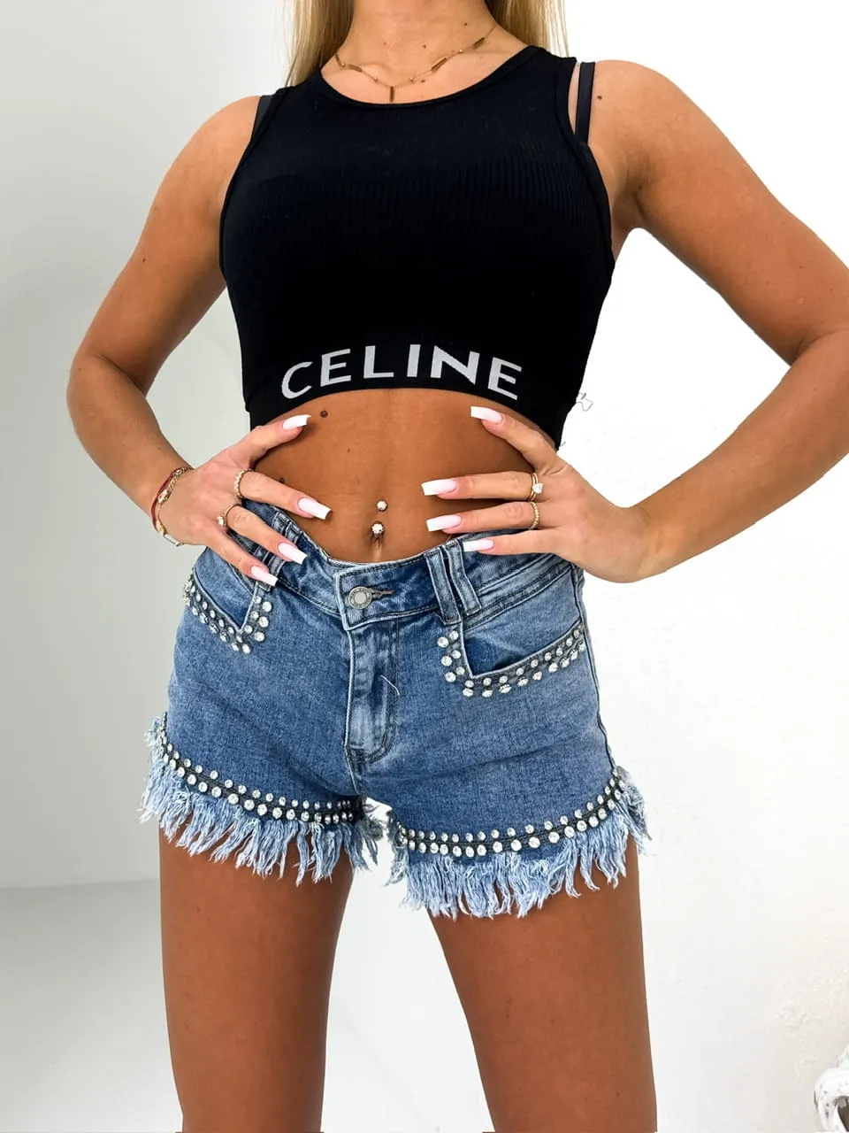 Szorty z cyrkoniami i poszarpaniem niebieskie Ponny PW13 (Wariant rozmiar + kolor: S; Kolor: Niebieski)