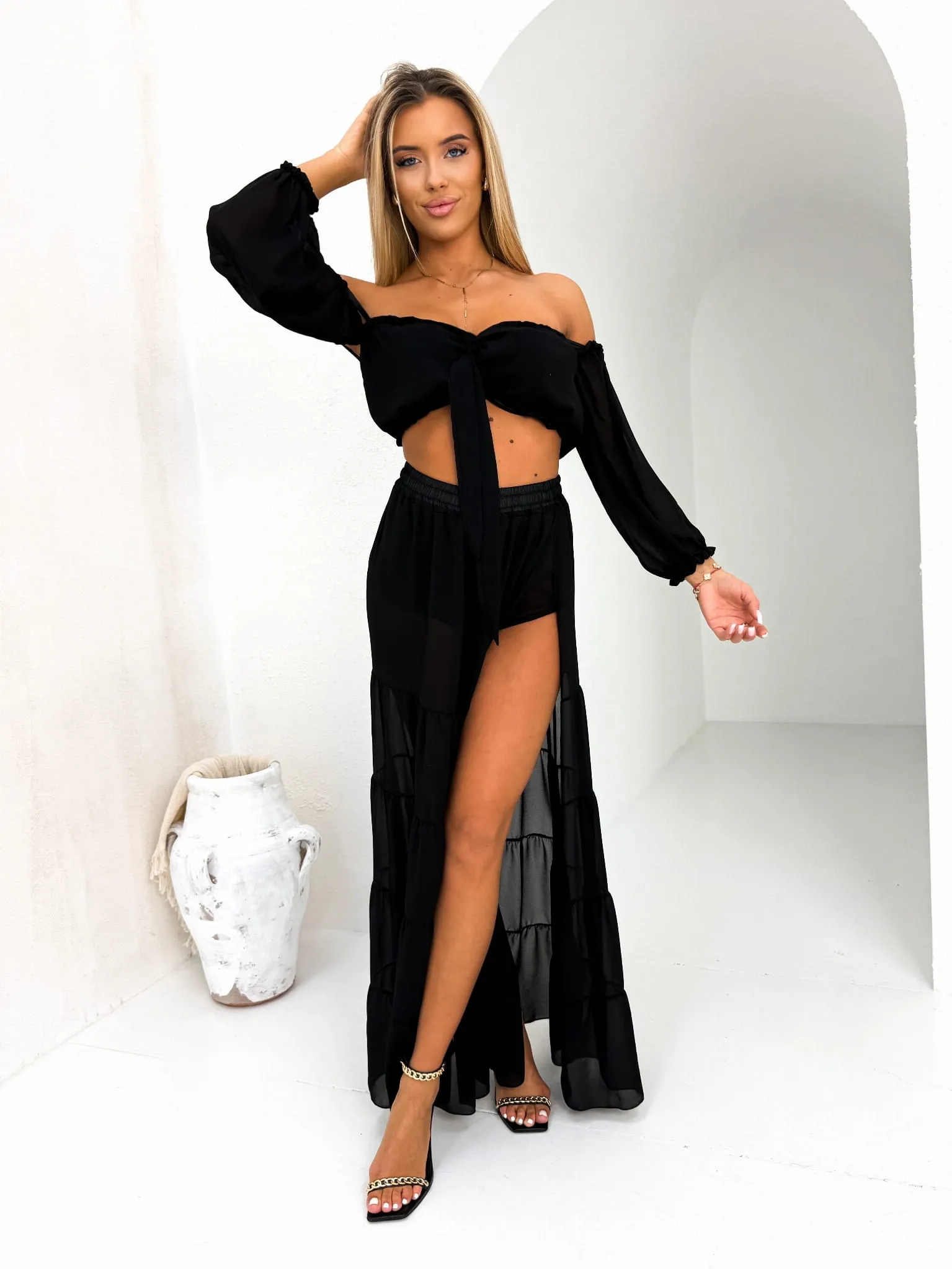 Komplet ze spódnicą maxi hiszpanka czarny Adele W10 (Wariant rozmiar + kolor: Uniwersalny; Kolor: czarny)