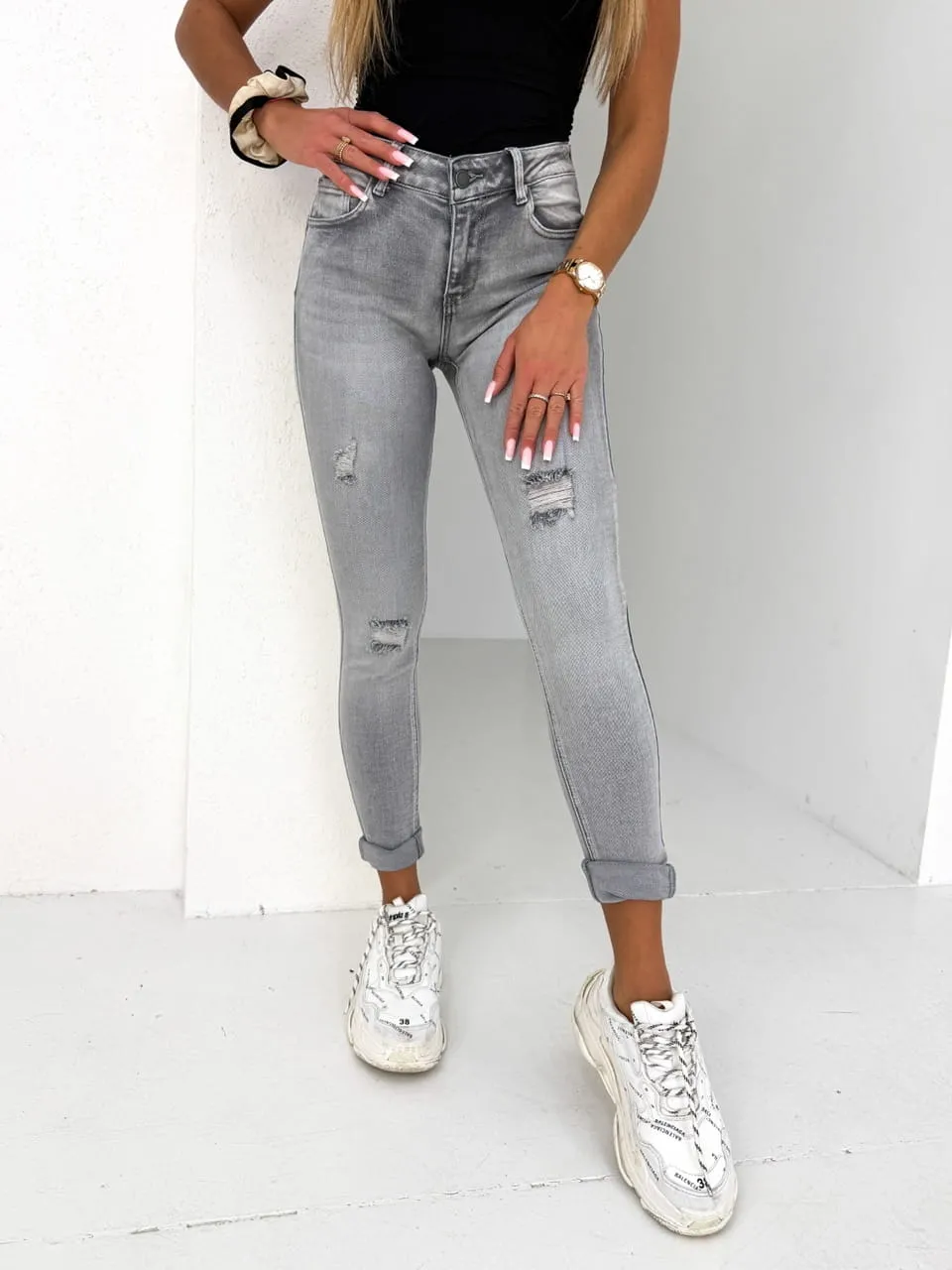 Spodnie jeansowe z przetarciami szare 205 (Wariant rozmiar + kolor: L; Kolor: Szary)