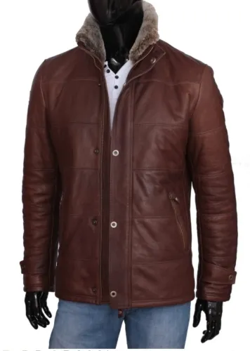 BRU117 - Pikowana kurtka skórzana męska z brązowej skóry DORJAN
