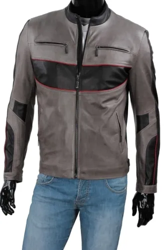 ARL103 - Szara kurtka skórzana męska w stylistyce motocyklowej DORJAN