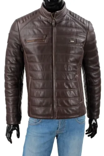LUI123 - Ciemnobrązowa kurtka skórzana męska z ociepleniem DORJAN
