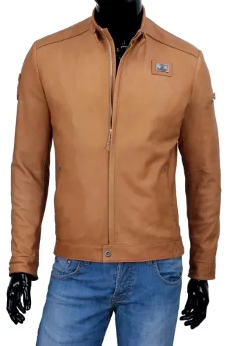 RAF084A - camelowa kurtka skórzana z dodatkami z brązowej skóry DORJAN