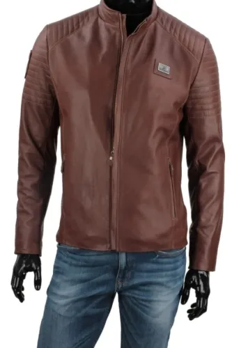 VIT122 - Brązowa męska kurtka skórzana ze skóry naturalnej DORJAN
