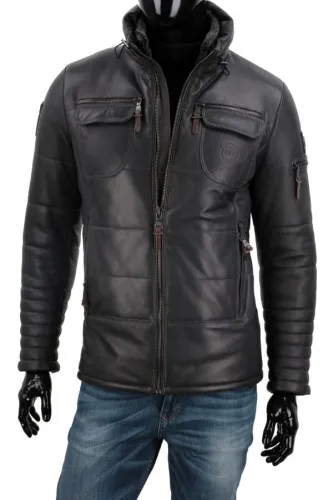 ART105 - Ocieplana kurtka skórzana męska z wysoką stójką DORJAN