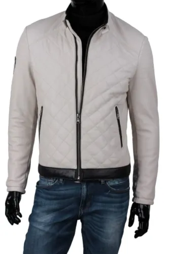 HUB076 - pikowana kurtka biker męska z białej skóry naturalnej DORJAN