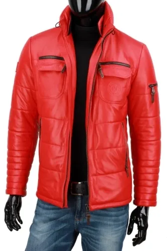 ART462 - Czerwona zimowa kurtka skórzana męska z ociepleniem DORJAN