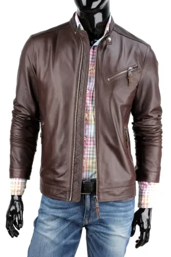 ROB124A - Brązowa kurtka skórzana męska w stylu biker DORJAN