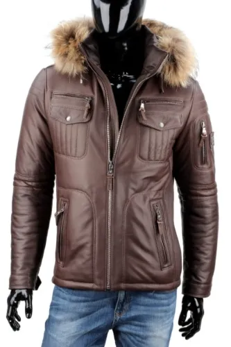 PTR124A - Brązowa kurtka skórzana zimowa męska z futerkiem DORJAN