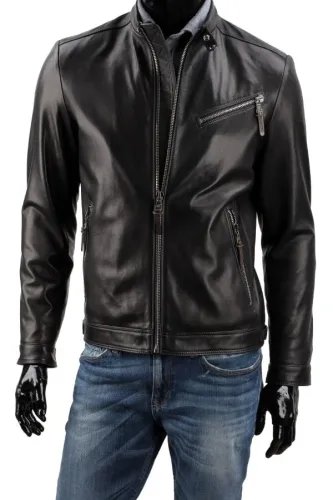 ROB450 - Rockowa kurtka skórzana męska w czarnym kolorze DORJAN