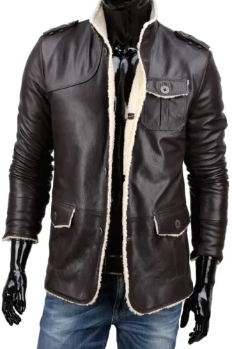 ELV160 - Ciepła kurtka skórzana męska koloru gorzkiej czekolady DORJAN