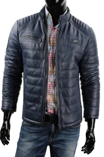 LUI074 - Niebieska kurtka skórzana męska jesienna / wiosenna DORJAN