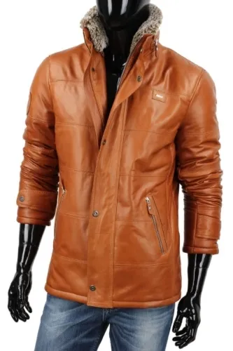BRU088 - Kurtka skórzana męska w modnym camelowym kolorze DORJAN