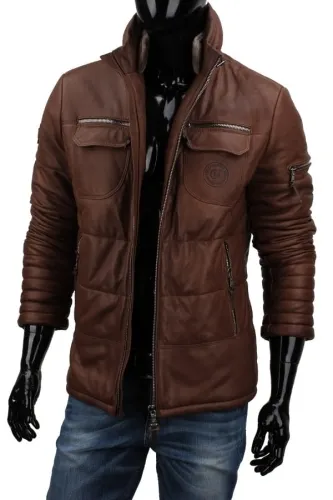 ART122 - Ciepła brązowa kurtka skórzana męska na jesień i zimę DORJAN