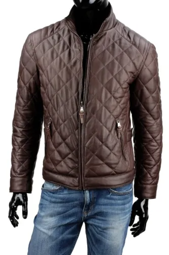 HEN124 - Casualowa brązowa kurtka skórzana męska pikowana DORJAN
