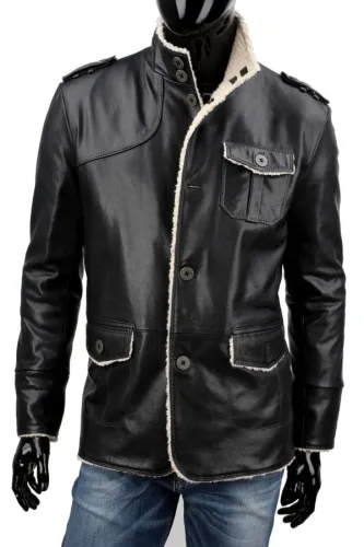 ELV450 - Czarna kurtka skórzana męska poszyta kożuchem eko DORJAN