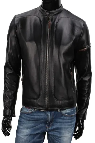 KEN451 - męska kurtka skórzana biker z czarnej skóry naturalnej DORJAN