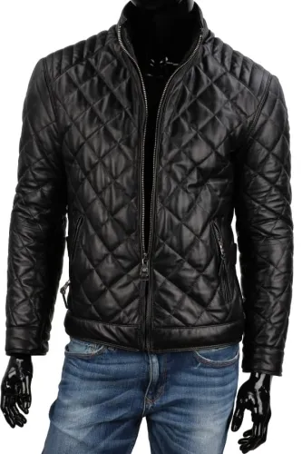 HEN450 - Czarna kurtka męska skórzana pikowana w romby DORJAN