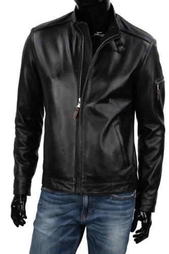 RAFI450 - czarna kurtka skórzana o prostym kroju i dodatkach DORJAN