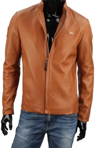 VIT087_2 - Skórzana kurtka męska z camelowej skóry naturalnej DORJAN