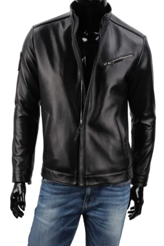REX950 - czarna skórzana rockowa kurtka męska typu biker DORJAN