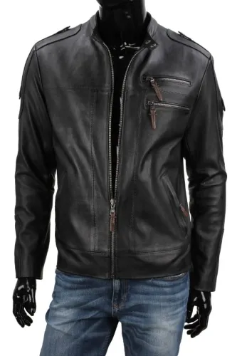 PAL453 - Czarna kurtka skórzana męska w stylu vintage DORJAN