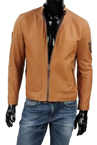 KEN084 - camelowa kurtka męska biker ze skóry naturalnej DORJAN
