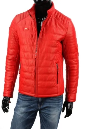 NIK462 - Czerwona kurtka skórzana męska z pikowana poziomo DORJAN