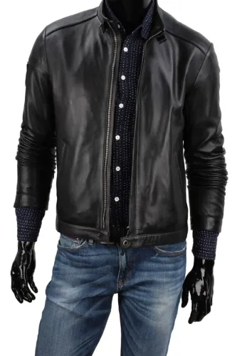 RAM450_1 - Czarna kurtka skórzana męska w rockowym stylu DORJAN