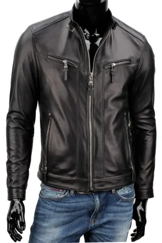 TUS450 - Kurtka męska biker z czarnej skóry naturalnej DORJAN