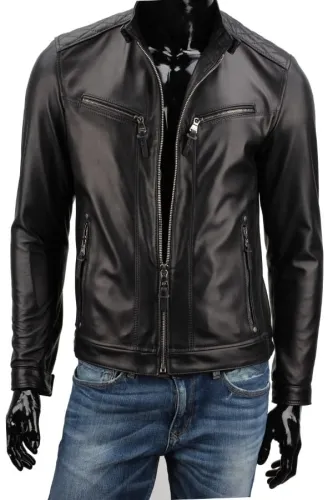 TUS450_1 - Rockowa kurtka skórzana męska w kolorze czarnym DORJAN