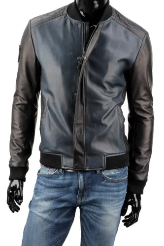 SWE074 - granatowa kurtka szwedka męska ze skóry naturalnej DORJAN