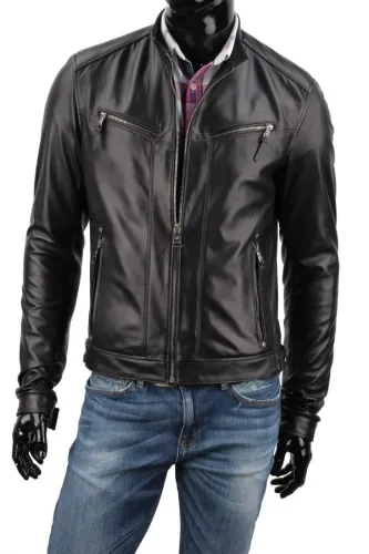 TYS450 - Skórzana kurtka męska typu biker z naturalnej skóry DORJAN