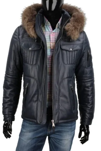 PTR074 - Niebieska zimowa kurtka skórzana męska z futerkiem DORJAN
