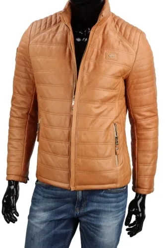 NIK084A - Camelowa kurtka skórzana męska z ociepleniem DORJAN