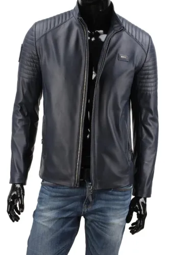 VIT074 - Niebieska kurtka skórzana męska na wiosnę i lato DORJAN