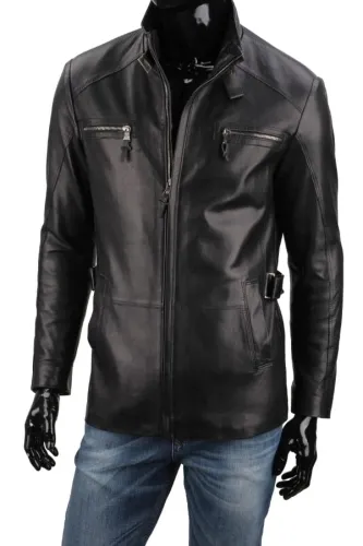 NRN450 - klasyczna długa kurtka skórzana z czarnej skóry DORJAN
