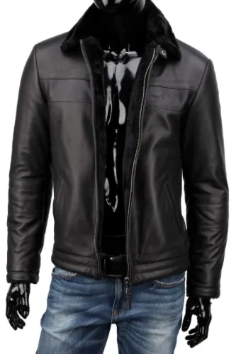 TMK450 - czarna męska kurtka pilotka skórzana z kożuchem DORJAN